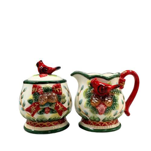 Evergreen Holiday Cardinal Sugar & Creamer